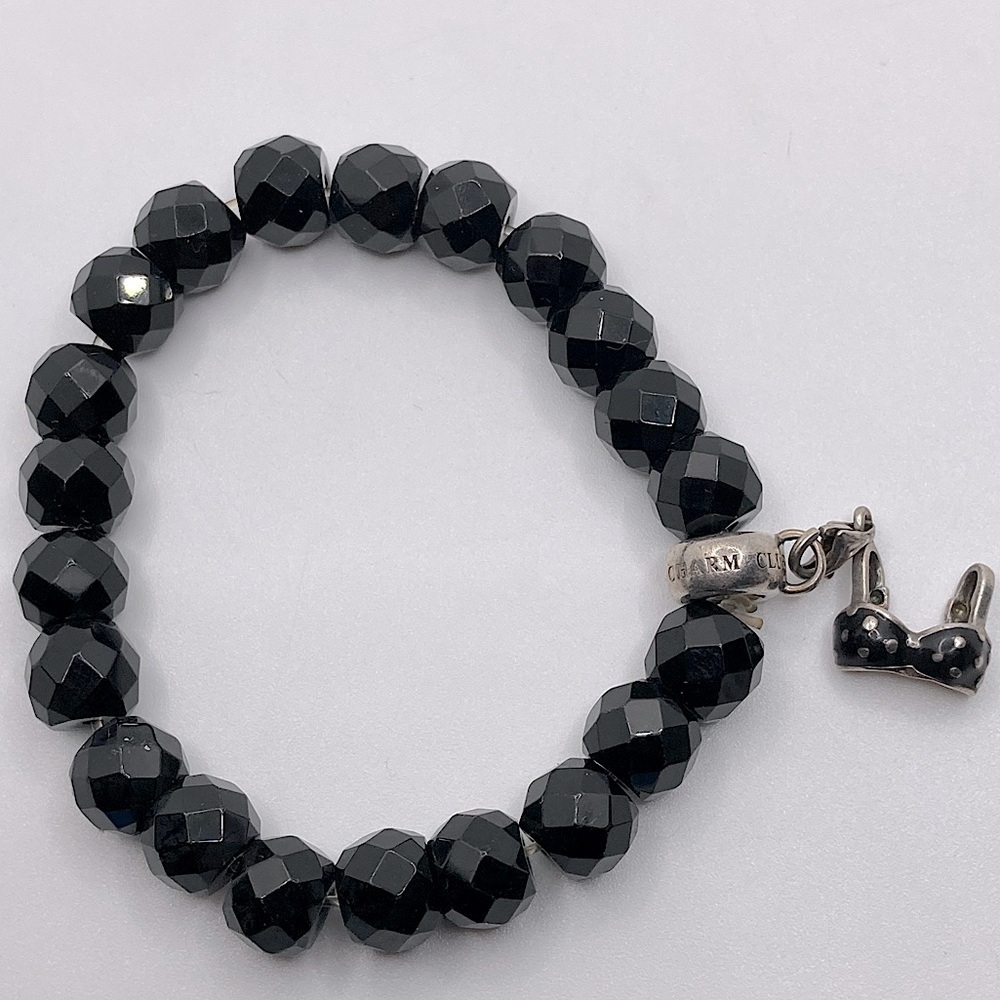 THOMAS Sabo Sterling Silver Obsidian Beaded Charm Stretch Bracelet w Charm 6.5”